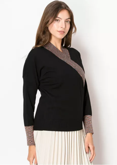 Elegant Black Sweater with Wrap V-Neckline