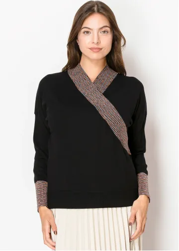 Elegant Black Sweater with Wrap V-Neckline
