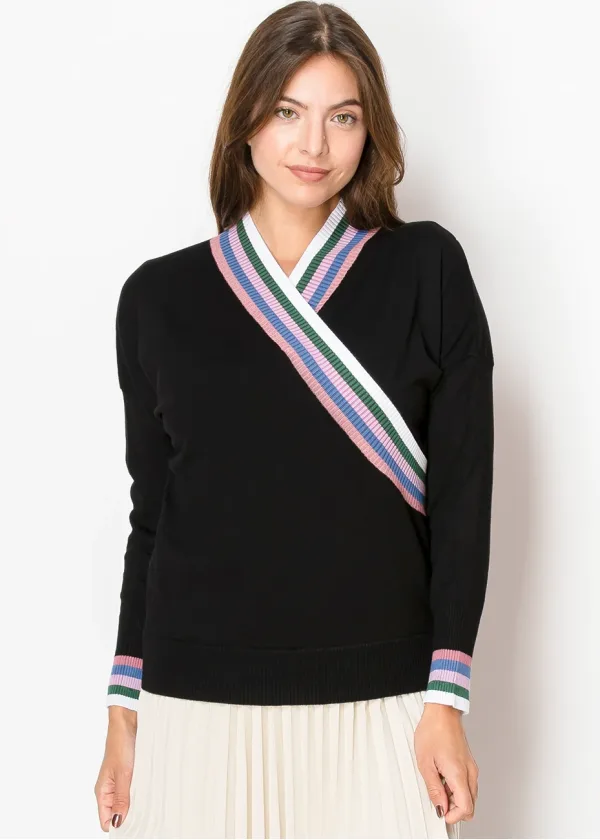Striped Edge Wrap Knit Sweater