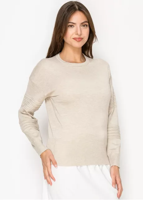Beige Ribbed Sleeve Crewneck Sweater