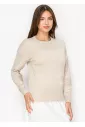 Beige Ribbed Sleeve Crewneck Sweater