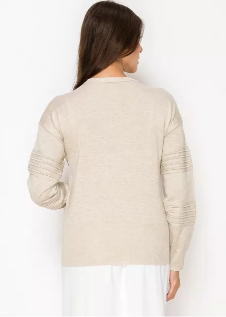 Beige Ribbed Sleeve Crewneck Sweater
