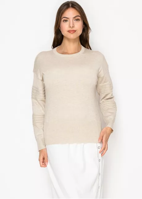 Beige Ribbed Sleeve Crewneck Sweater