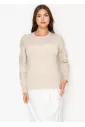 Beige Ribbed Sleeve Crewneck Sweater