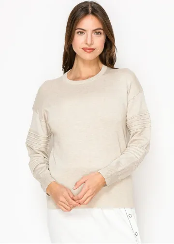 Beige Ribbed Sleeve Crewneck Sweater