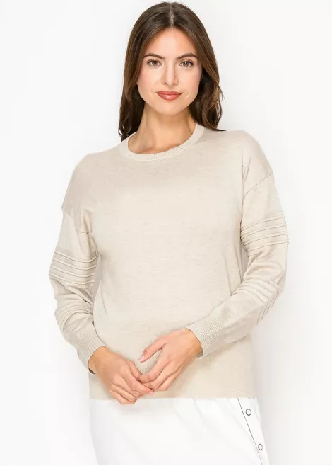 Beige Ribbed Sleeve Crewneck Sweater Beige Ribbed Sleeve Crewneck Sweater