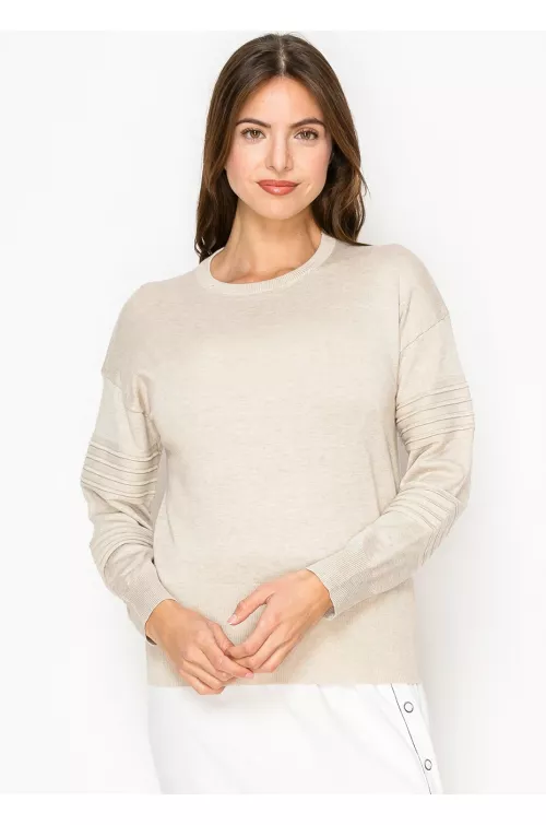 Beige Ribbed Sleeve Crewneck Sweater