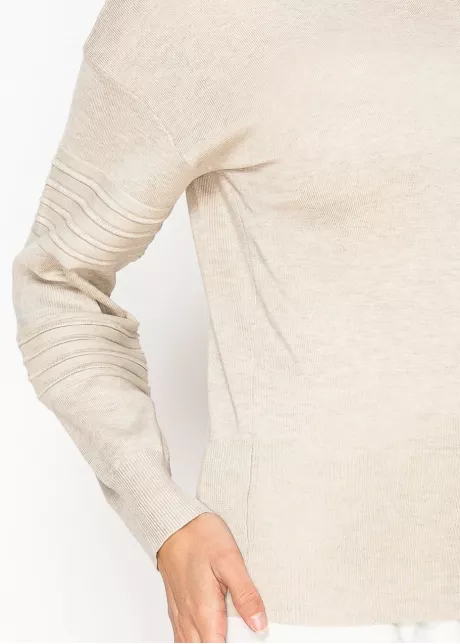 Beige Ribbed Sleeve Crewneck Sweater