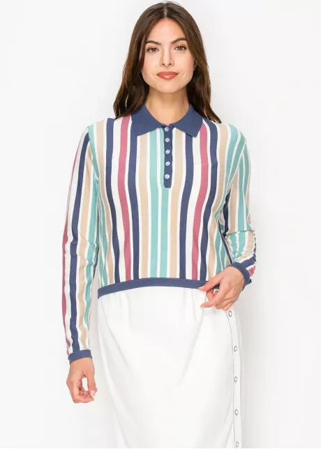 Multi-Striped Polo Top with Button Detail