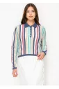 Multi-Striped Polo Top with Button Detail