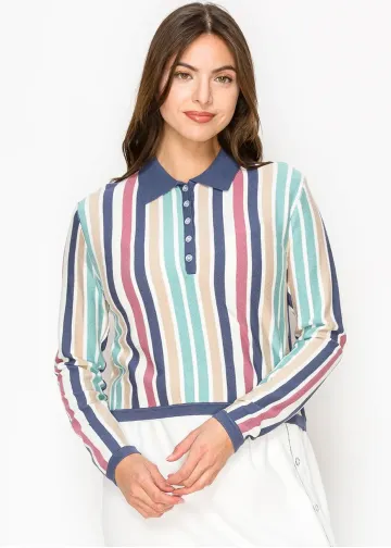 Multi-Striped Polo Top with Button Detail