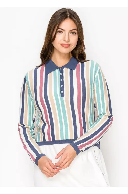 Multi-Striped Polo Top with Button Detail