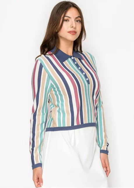 Multi-Striped Polo Top with Button Detail