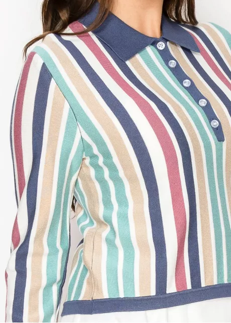 Multi-Striped Polo Top with Button Detail