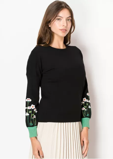 Black Daisy Sleeve Cozy Knit Sweater