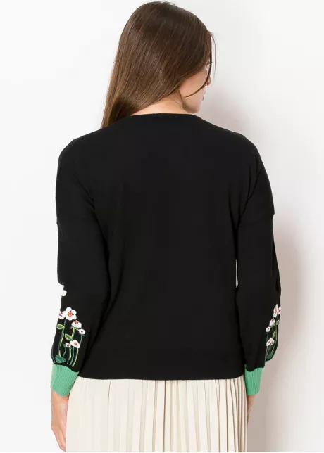 Black Daisy Sleeve Cozy Knit Sweater