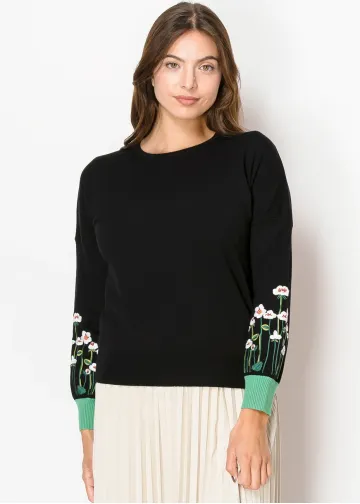 Black Daisy Sleeve Cozy Knit Sweater