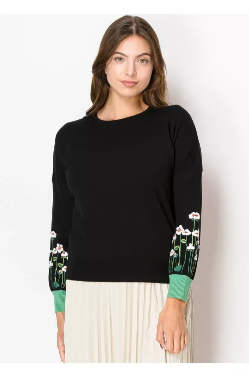 Black Daisy Sleeve Cozy Knit Sweater