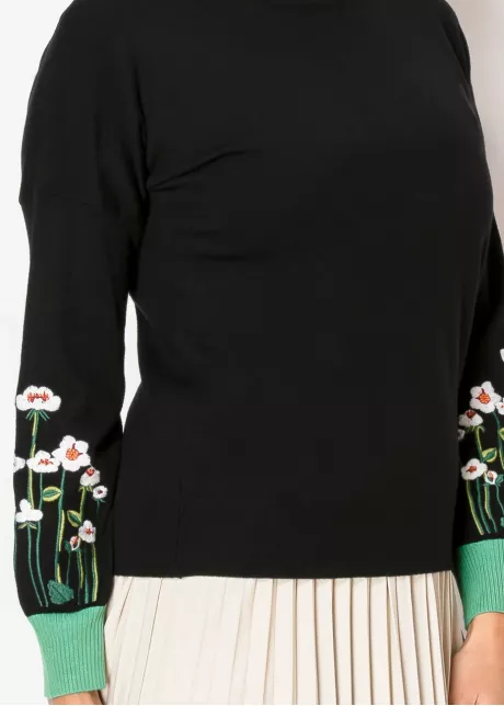 Black Daisy Sleeve Cozy Knit Sweater
