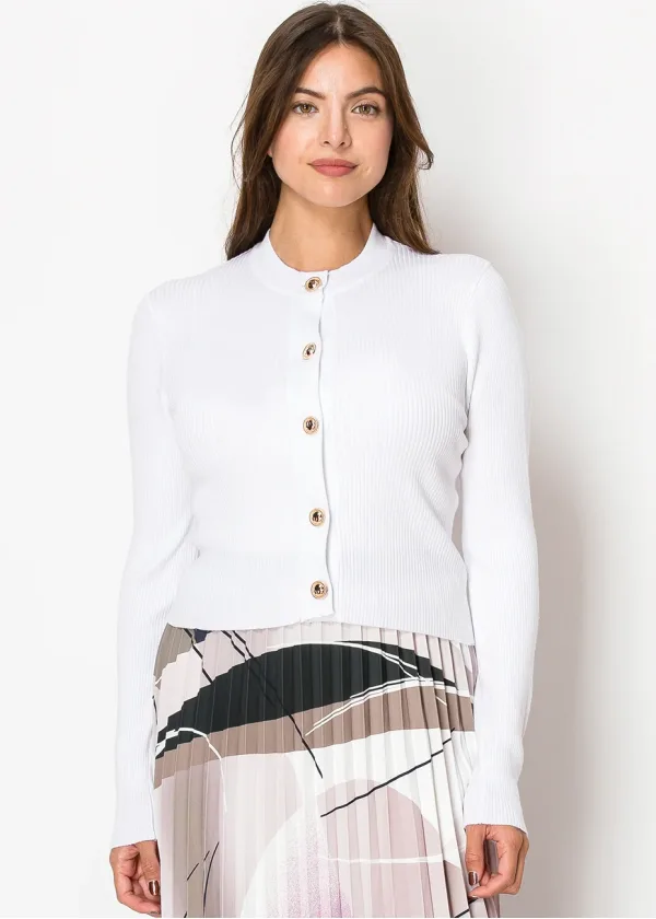 White Ribbed Button-Up Cardigan