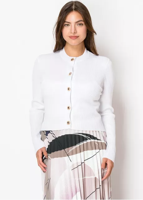 White Ribbed Button-Up Cardigan