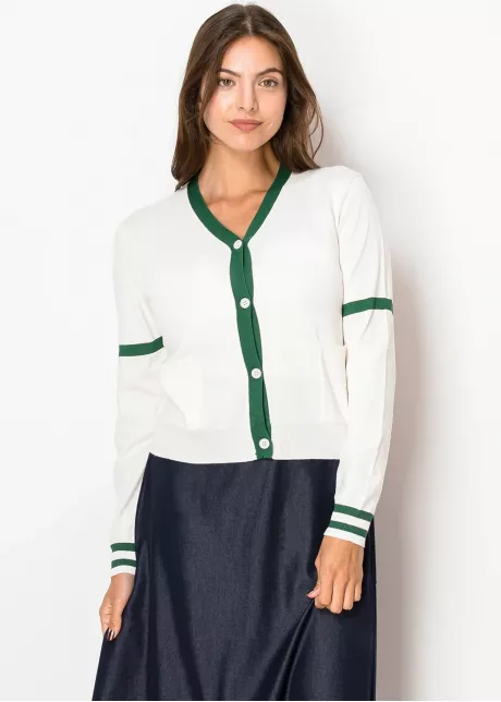 White Cardigan with Green Trim and Pockets