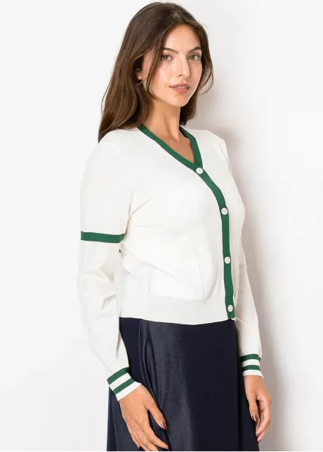 White Cardigan with Green Trim and Pockets