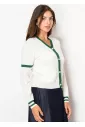 White Cardigan with Green Trim and Pockets