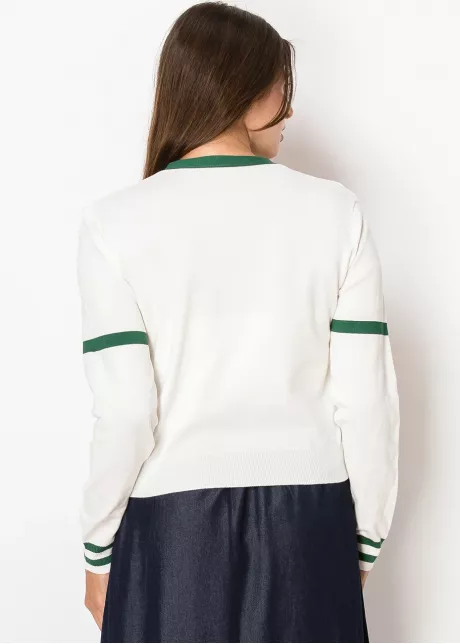 White Cardigan with Green Trim and Pockets