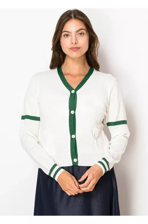 White Cardigan with Green Trim and Pockets