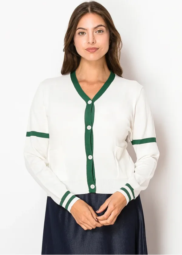 White Cardigan with Green Trim and Pockets