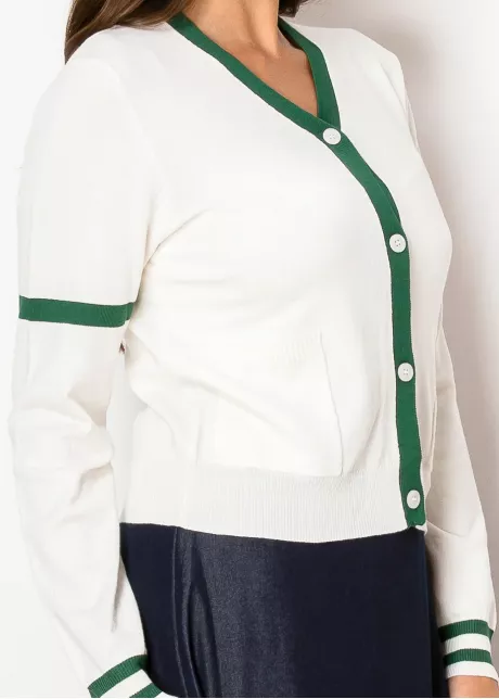 White Cardigan with Green Trim and Pockets