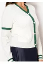 White Cardigan with Green Trim and Pockets