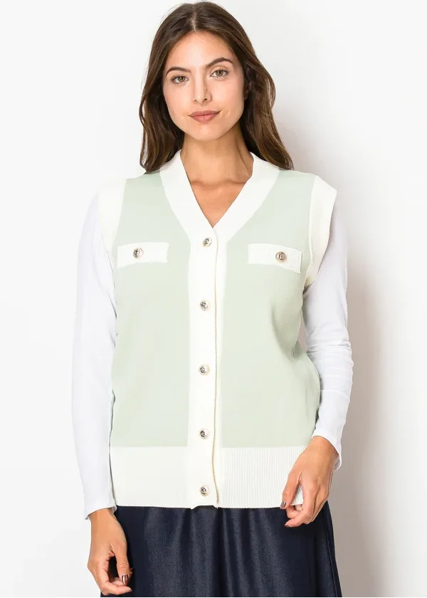 Mint Knit Vest with Gold Buttons