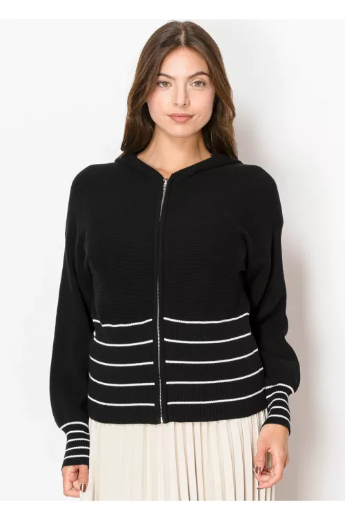 Black & White Striped Zip-Up Knit Hoodie