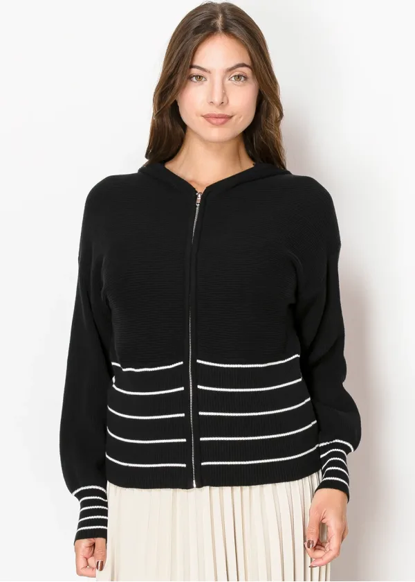 Black & White Striped Zip-Up Knit Hoodie