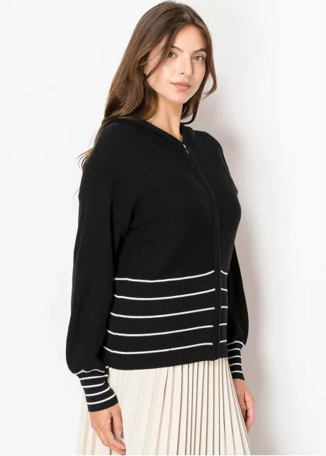 Black & White Striped Zip-Up Knit Hoodie