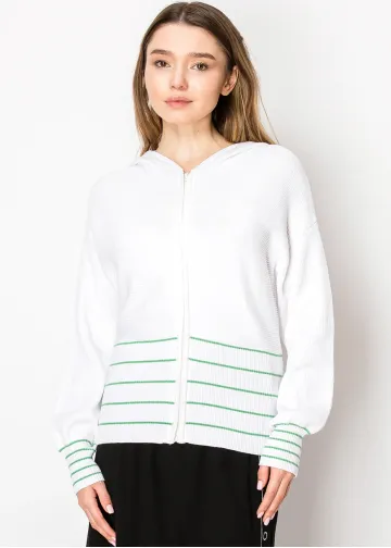 White Knit Hoodie with Striped Detail