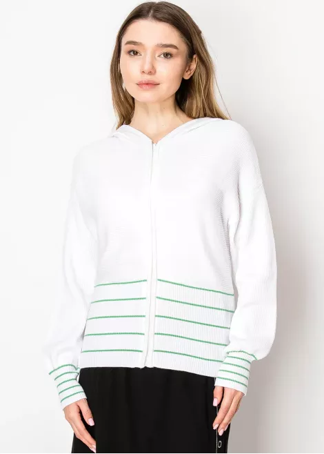 White Knit Hoodie with Striped Detail White Knit Hoodie with Striped Detail