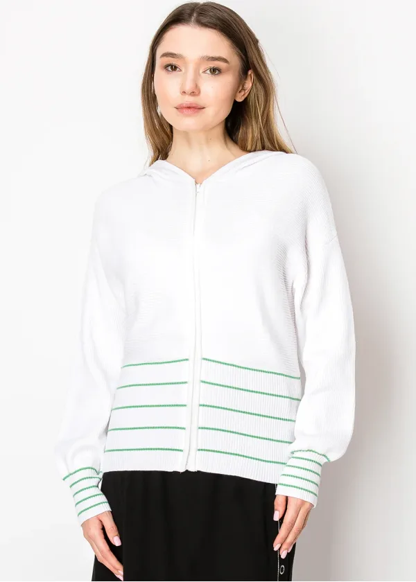 White Knit Hoodie with Striped Detail