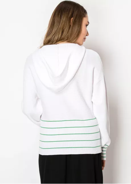 White Knit Hoodie with Striped Detail