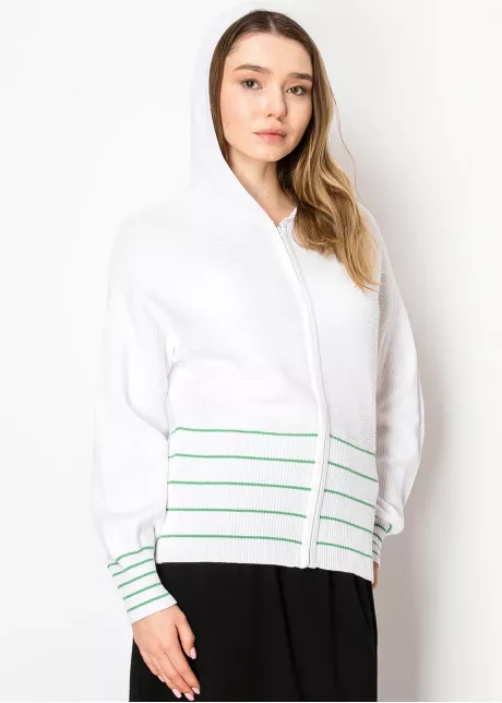 White Knit Hoodie with Striped Detail