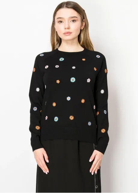 Floral Stitch Black Crewneck Sweater