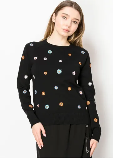 Floral Stitch Black Crewneck Sweater