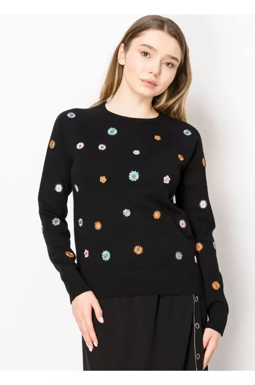 Floral Stitch Black Crewneck Sweater