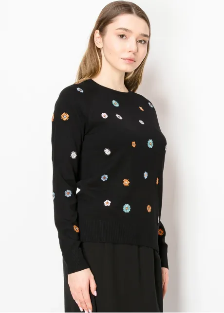 Floral Stitch Black Crewneck Sweater