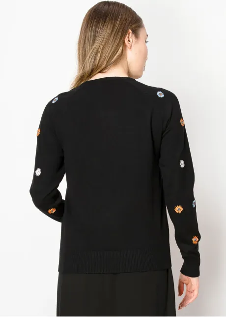 Floral Stitch Black Crewneck Sweater