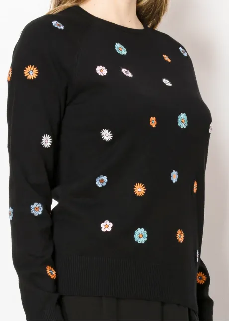 Floral Stitch Black Crewneck Sweater