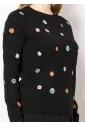 Floral Stitch Black Crewneck Sweater