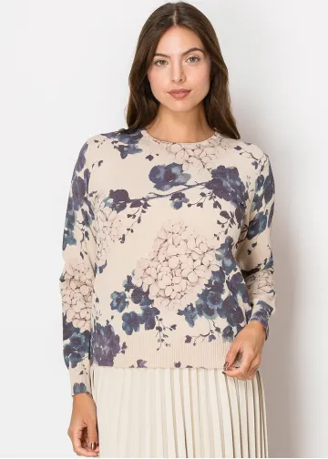 Floral Print Sweater in Beige and Purple